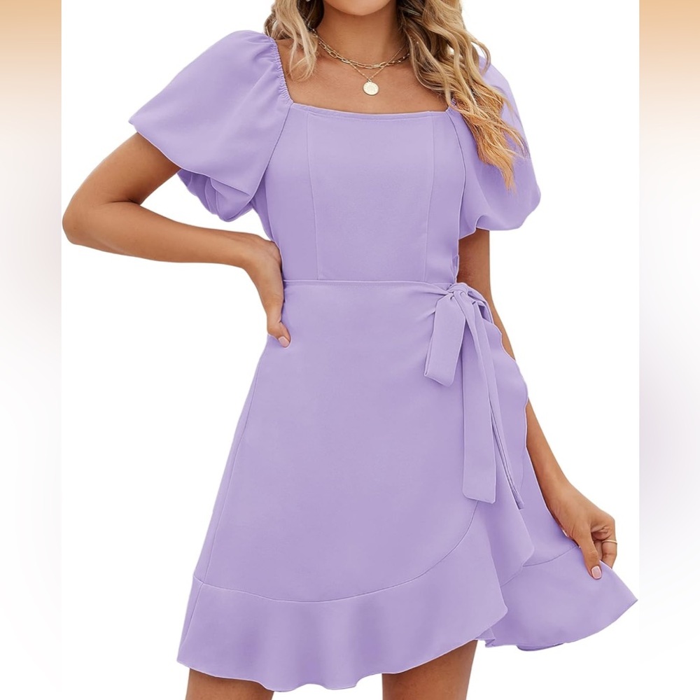 Elegant Lilac Puff-Sleeve Wrap Dress